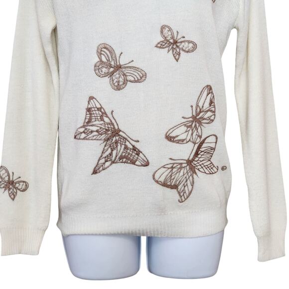 Cyn Les Womens Pullover Sweater Size S-M Ivory Embroidered Butterflies V-Neck - Picture 3 of 9